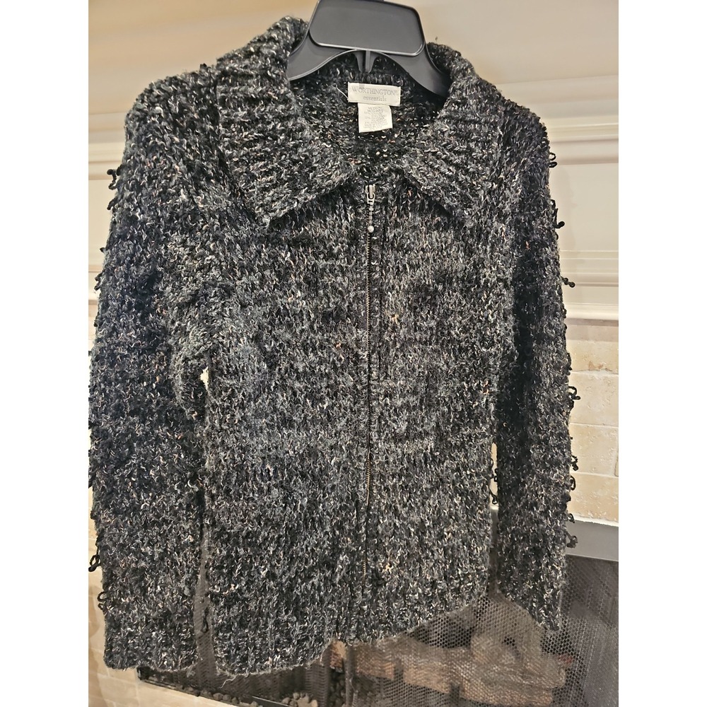 Worthington Eyelash Style Sweater Jacket Medium Black And Gray